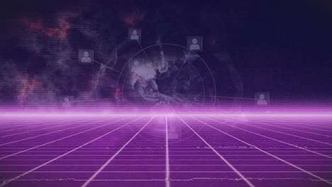 Animation-of-network-of-connections,-globe-and-clouds-on-purple-background
