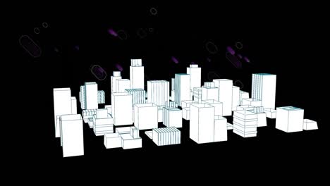 Animation-of-purple-trails-of-lights-over-3d-cityscape-drawing