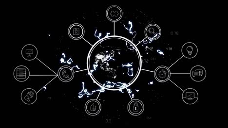 Animation-of-spinning-globe-and-network-of-connections-with-icons-on-black-background