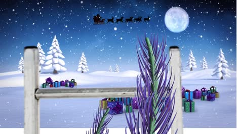 Animación-De-Nieve-Cayendo-Sobre-Santa-Claus-En-Trineo-Con-Renos-Y-Luna-En-Un-Paisaje-Invernal