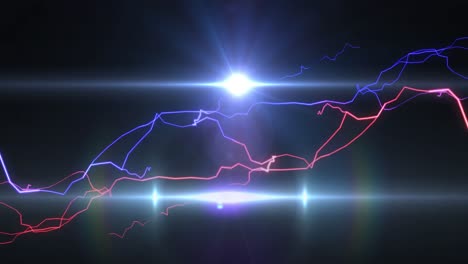 Animation-of-red-and-purple-electrical-currents-over-white-beams-of-light-light-on-dark-background