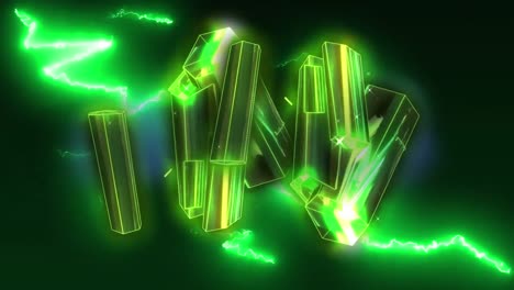 Animation-of-glowing-green-lightning-flashes-floating-gold-cluster-on-black-background