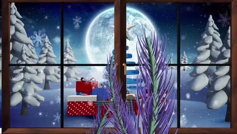 Animation-of-snow-falling-over-fir-tree-branches,-presents-and-moon-seen-through-window