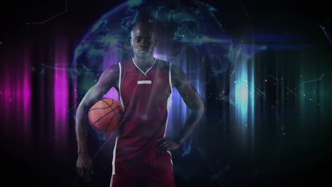 Animation-Des-Netzwerks-Von-Verbindungen-Und-Des-Globus-über-Einem-Afroamerikanischen-Männlichen-Basketballspieler