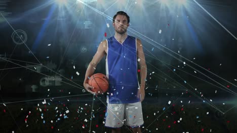 Animation-Des-Netzwerks-Von-Verbindungen-über-Einen-Kaukasischen-Männlichen-Basketballspieler