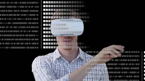 Animation-Der-Datenverarbeitung-über-Einem-Mann-Mit-VR-Headset-Auf-Schwarzem-Hintergrund