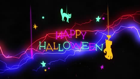 Animation-of-neon-halloween-greetings-text-with-cat-and-neon-pattern
