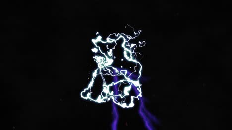 Animation-of-glowing-purple-lightning-flashes-and-glowing-white-liquid-light-on-black-background