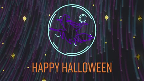 Animation-of-neon-halloween-greetings-text-with-witch-and-neon-light-trails