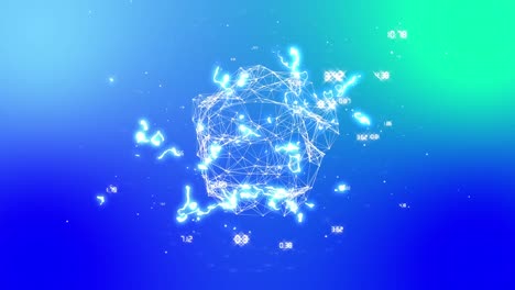 Animation-of-global-network-of-connections-and-glowing-white-liquid-light-on-blue-background