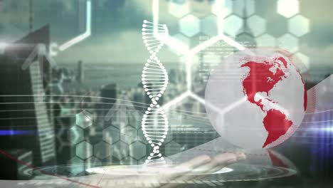 Animation-Eines-DNA-Strangs,-Der-Sich-über-Die-Medizinische-Datenverarbeitung-Und-Den-Globus-Dreht
