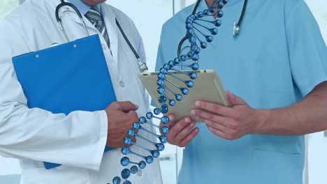 Animation-of-dna-strand-spinning-over-doctors-using-tablet