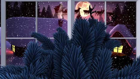 Animation-of-snow-falling-over-santa-claus-in-sleigh-with-reindeer-and-moon-seen-through-window