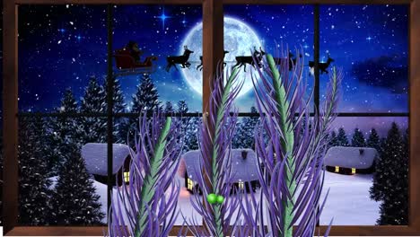 Animation-of-snow-falling-over-santa-claus-in-sleigh-with-reindeer-and-moon-seen-through-window