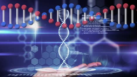 Animation-of-dna-strand-spinning-and-medical-data-processing-over-hand