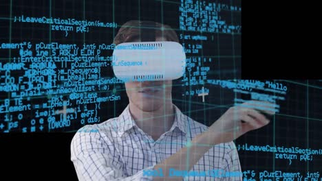 Animation-of-data-processing-over-man-wearing-vr-headset-on-black-background