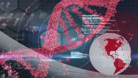 Animation-Eines-DNA-Strangs,-Der-Sich-über-Die-Medizinische-Datenverarbeitung-Und-Den-Globus-Dreht