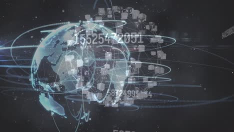 Animation-of-moving-globe,-increasing-numbers-and-network-of-connections-on-black-background