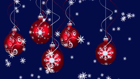 Animation-of-baubles-and-snow-falling-on-dark-blue-background