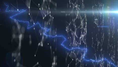 Animation-Blauer-Elektrischer-Blitze-über-Netzwerken-Von-Verbindungen-Auf-Schwarzem-Hintergrund