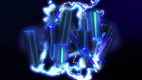 Animation-of-glowing-green-lightning-flashes-over-floating-metallic-blue-cluster-on-black-background