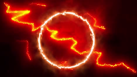 Animation-of-glowing-orange-lightning-flashes-and-flaming-circle-on-dark-screen