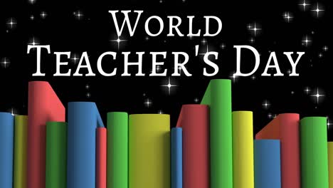 Animation-of-world-teachers-day-text-and-books-over-stars-on-black-background