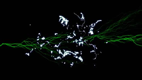 Animation-of-green-electrical-current-and-white-flashes-on-black-background