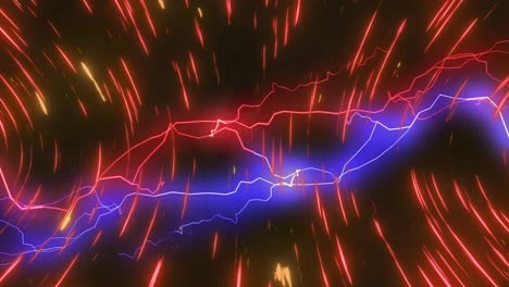 Animation-Roter-Und-Violetter-Elektrischer-Ströme-über-Sich-Bewegenden-Roten-Und-Gelben-Lichtern-Auf-Dunklem-Hintergrund