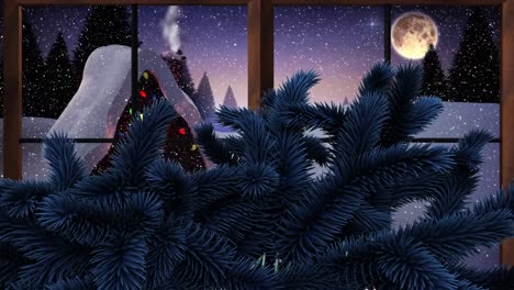 Animation-of-snow-falling-over-fir-tree-branches-and-winter-scenery-moon-seen-through-window