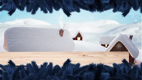 Animation-Von-Schnee,-Der-über-Eine-Winterlandschaft-Mit-Tannenzweigen-Fällt