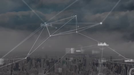 Animation-of-network-of-connections-and-data-processing-over-cityscape