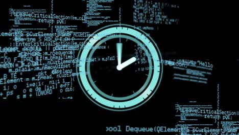Animation-of-clock-over-data-processing-on-black-background