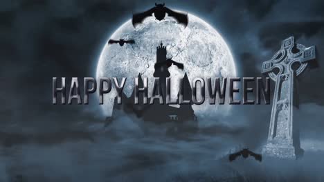 Animation-of-happy-halloween-text-over-bats-flying,-graveyard-and-castle