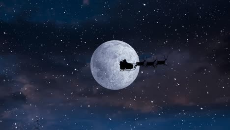 Animation-of-snow-falling-over-santa-claus-in-sleigh-with-reindeer-and-moon