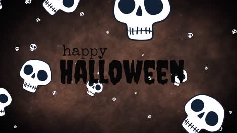 Animation-of-happy-halloween-text-over-skulls-falling-on-brown-background