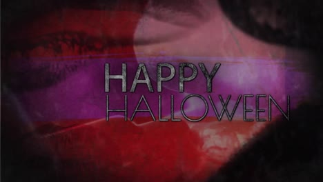 Animation-of-happy-halloween-text-over-lips-on-red-background