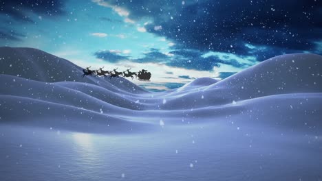 Animation-of-snow-falling-over-santa-claus-in-sleigh-with-reindeer-and-winter-landscape