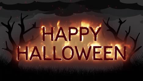 Animation-of-happy-halloween-text-over-trees-on-grey-background