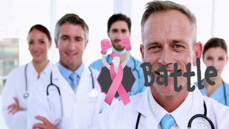 Animation-of-battle-text-over-group-of-smiling-doctors