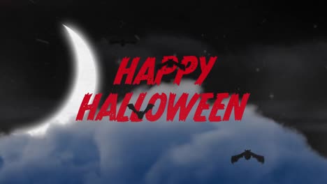 Animation-Eines-Fröhlichen-Halloween-Textes-über-Fliegenden-Fledermäusen,-Mond-Und-Wolken-Am-Himmel