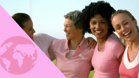 Animation-of-pink-globe-over-group-of-smiling-women