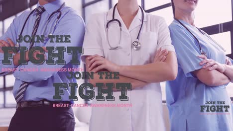 Animation-of-join-the-fight-text-over-group-of-smiling-doctors