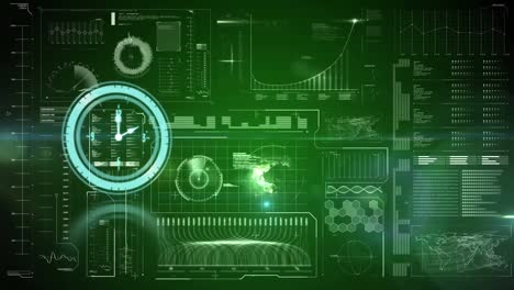 Animation-of-clock-and-data-processing-on-green-background