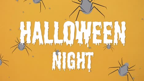 Animation-Von-Halloween-Nachttext-über-Spinnen,-Die-Auf-Orangefarbenen-Hintergrund-Fallen