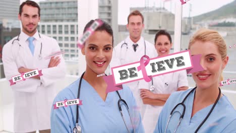 Animation-of-pink-breast-cancer-ribbons-over-group-of-smiling-doctors