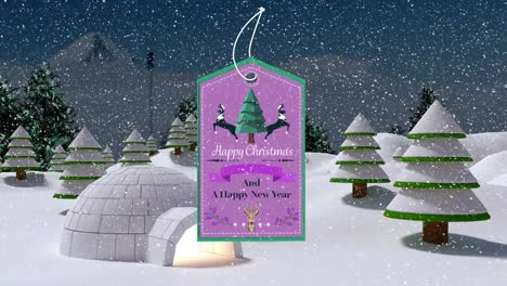 Animación-De-Nieve-Cayendo-Sobre-Feliz-Navidad-Y-Un-Texto-De-Feliz-Año-Nuevo-Sobre-Un-Paisaje-Invernal