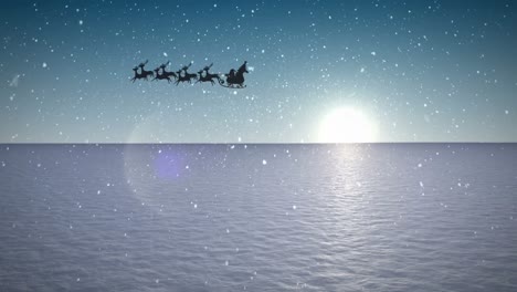 Animation-of-snow-falling-over-santa-claus-in-sleigh-with-reindeer-and-winter-landscape