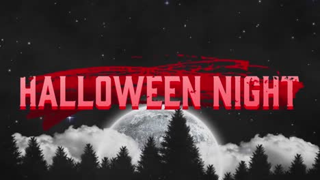 Animation-Von-Halloween-Nachttext-über-Bäumen,-Mond-Und-Wolken-Am-Himmel