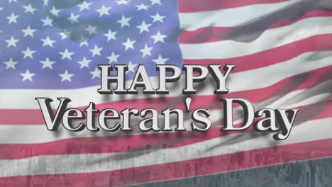 Animation-Eines-Textes-Zum-„Happy-Veterans-Day“-über-Stadtbild-Und-Amerikanischer-Flagge